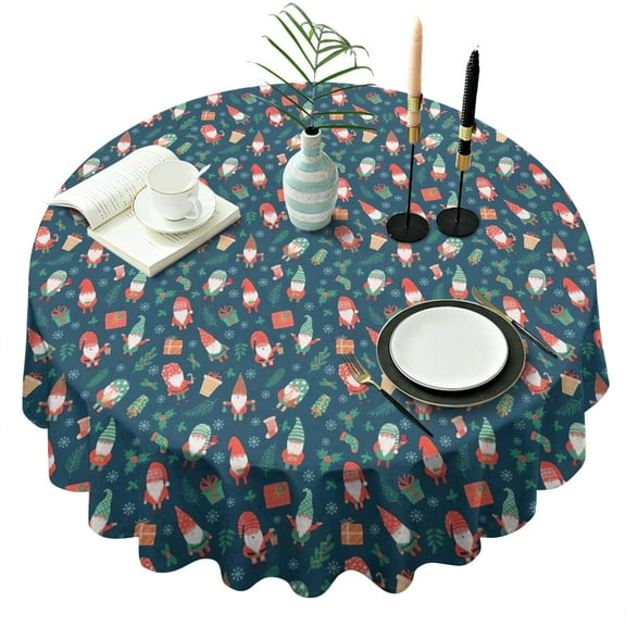 Dark Blue Christmas Gnome and Gift Pattern Round Tablecloth 60"x60",Wrinkle Wipeable Table Cloth for Kitchen Dining Room Picnic Patio Party