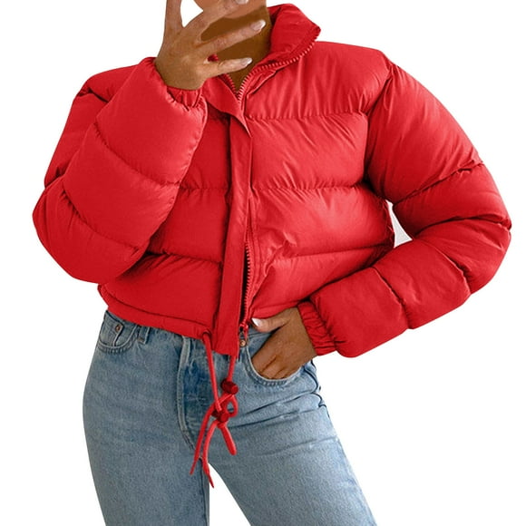 Baberdicy Essentials Women's Heavyweight Puffer Jacket Women Autumn and Winter Long Sleeved Zipper Drawstring Waist Stand Up Collar Solid Color Bread Coat Cotton Coat Red