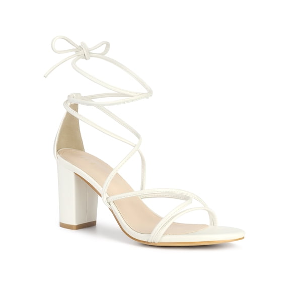 BLISSFUL STEP Women's Shoes Open Toe Lace Up Block Heel Strappy Heels White 7.5