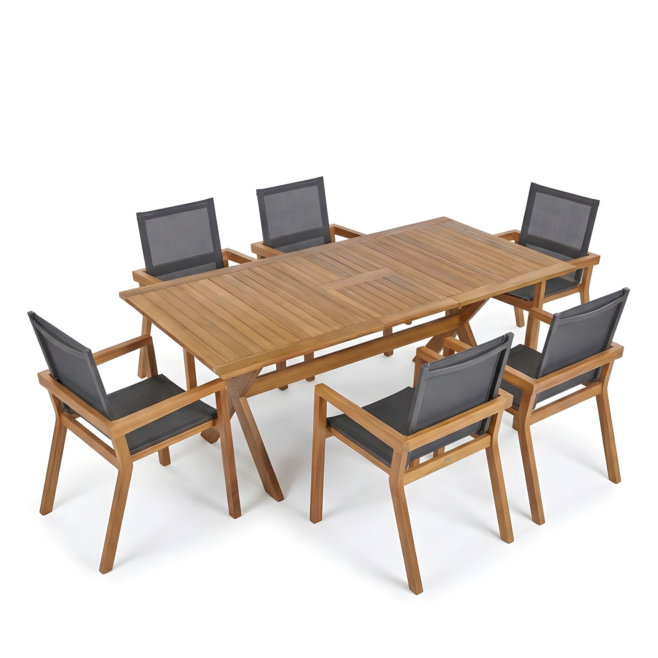 Christopher Knight Home 7-Piece Outdoor Wood Dining Set, Extendable Table with Mesh Chairs, Teak+Black