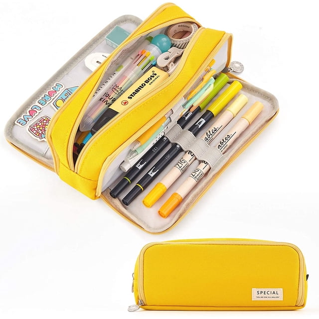 Estuche para lápices de gran capacidad con 3 compartimentos, estuche para bolígrafos para la escuela, adolescente, niña, niño, hombre, mujer, amarillo