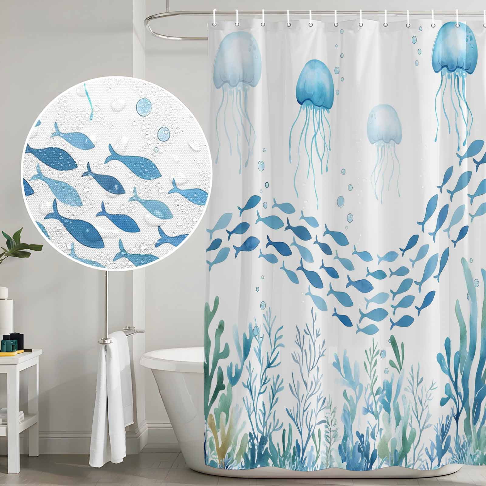 Shower Curtain Bathroom Set Underwater Life Octopus Fish Seaweed Waterproof Fabric Shower Curtains with Grommets&Hooks, Marine Theme Coral Privacy Bath Curtain for Bathtub 72x72in