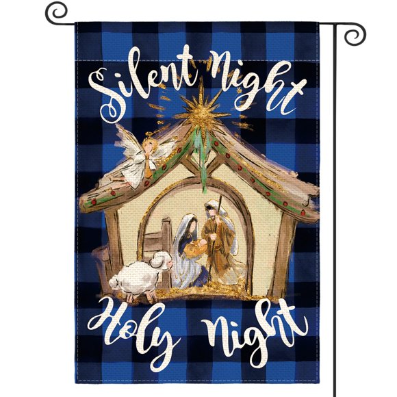 shiyou-Christmas Blue Buffalo Plaid Nativity Silent Holy Night Garden Flag Double Sided, Jesus Christian Winter Yard Outdoor Decoration 12x18 Inch