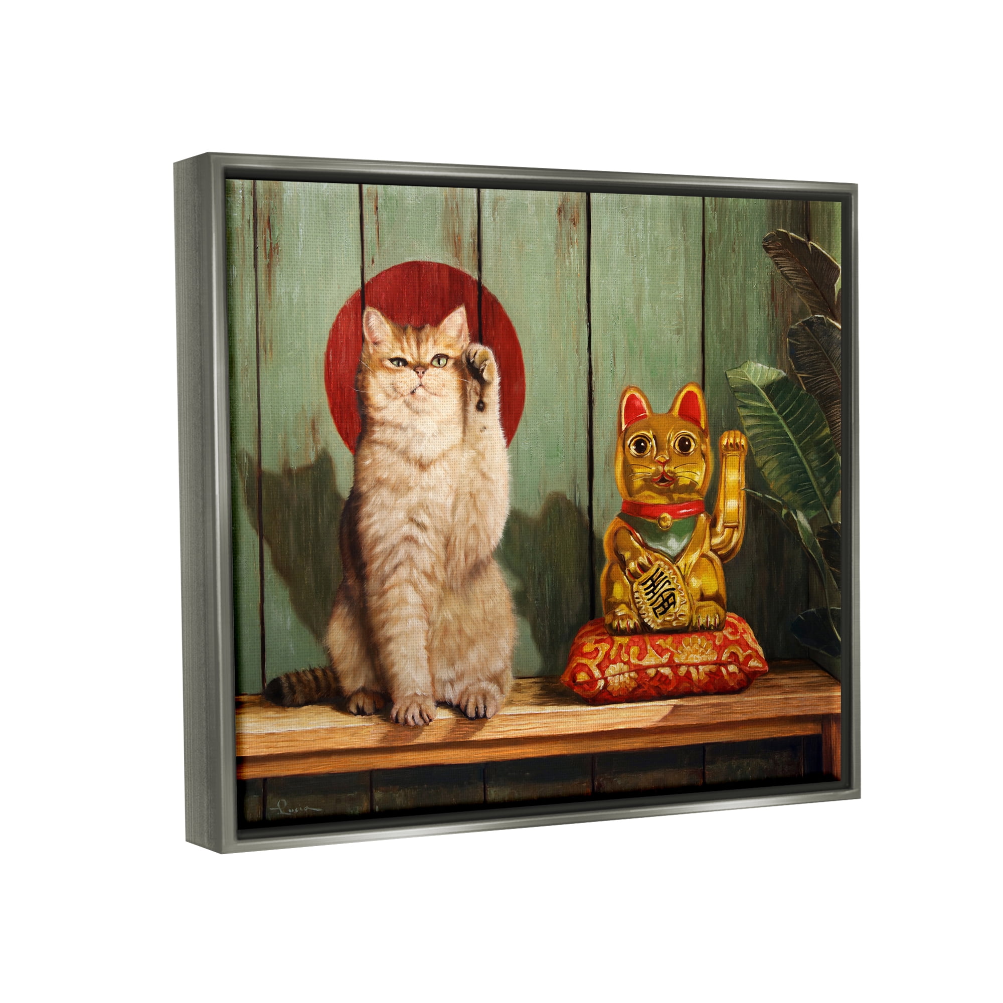 Stupell Industries Funny Lucky Cat Pose Animals & Insects Painting Gray Floater Framed Canvas Art Print Wall Art, 21 x 17