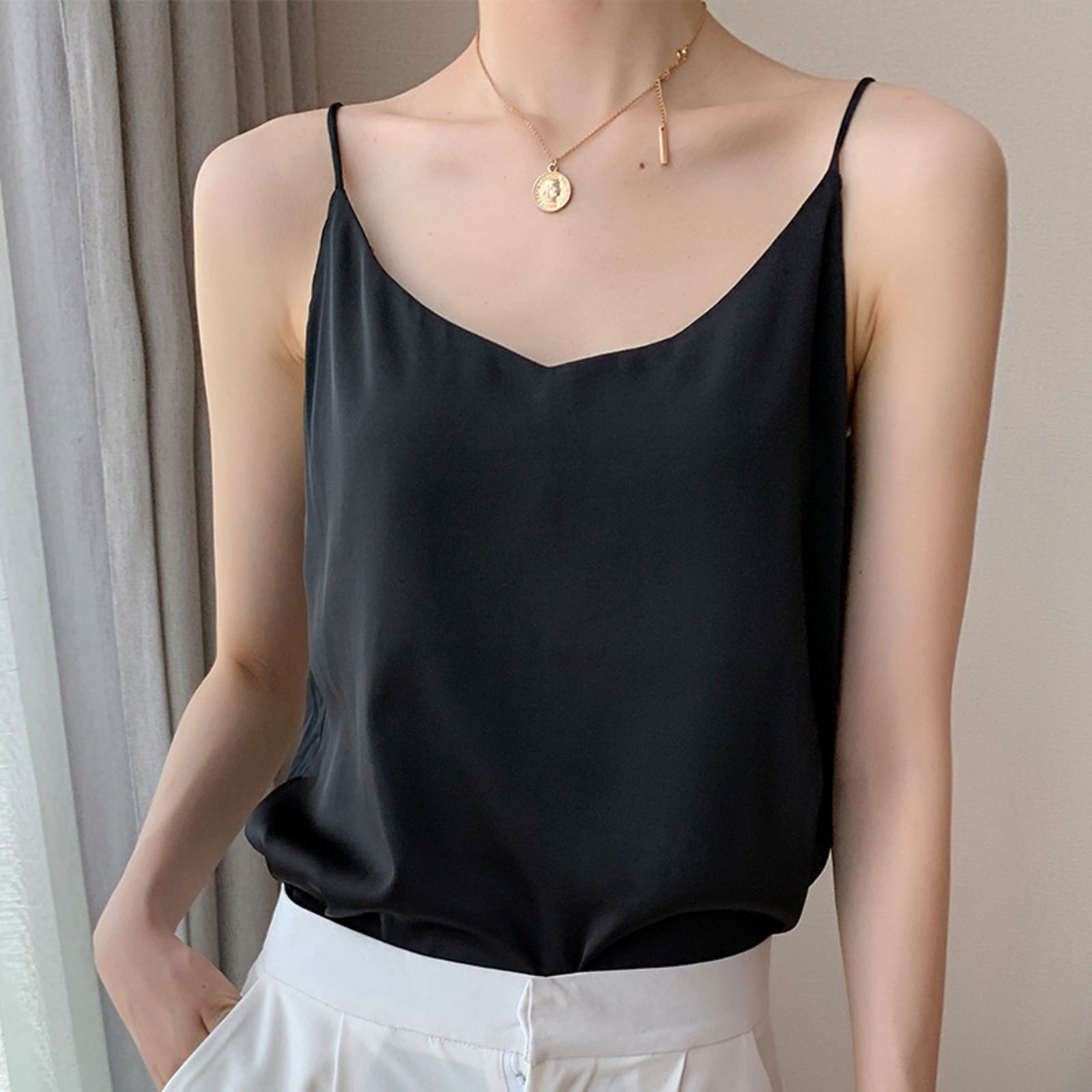 HNMKIU Débardeur Femme Col en V Sans Manches en Satin