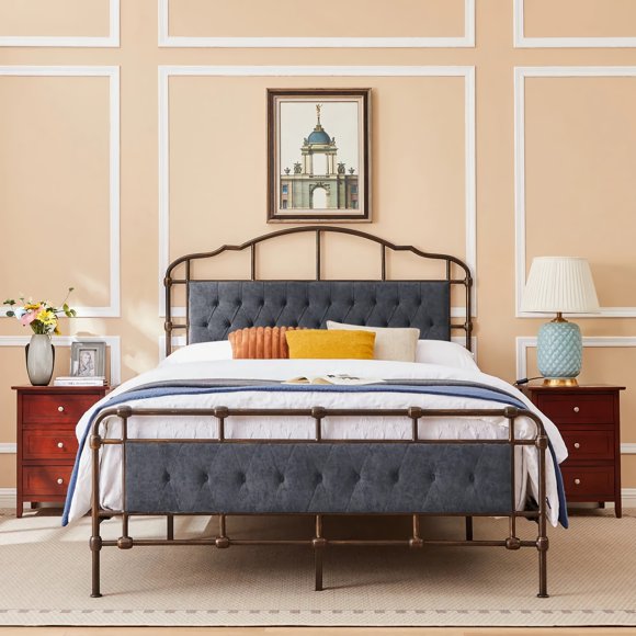 TOYTEXX Queen Metal Bed Frame with Tufted Boucle Headboard, Wooden Slats, No Box Spring, Dark Grey