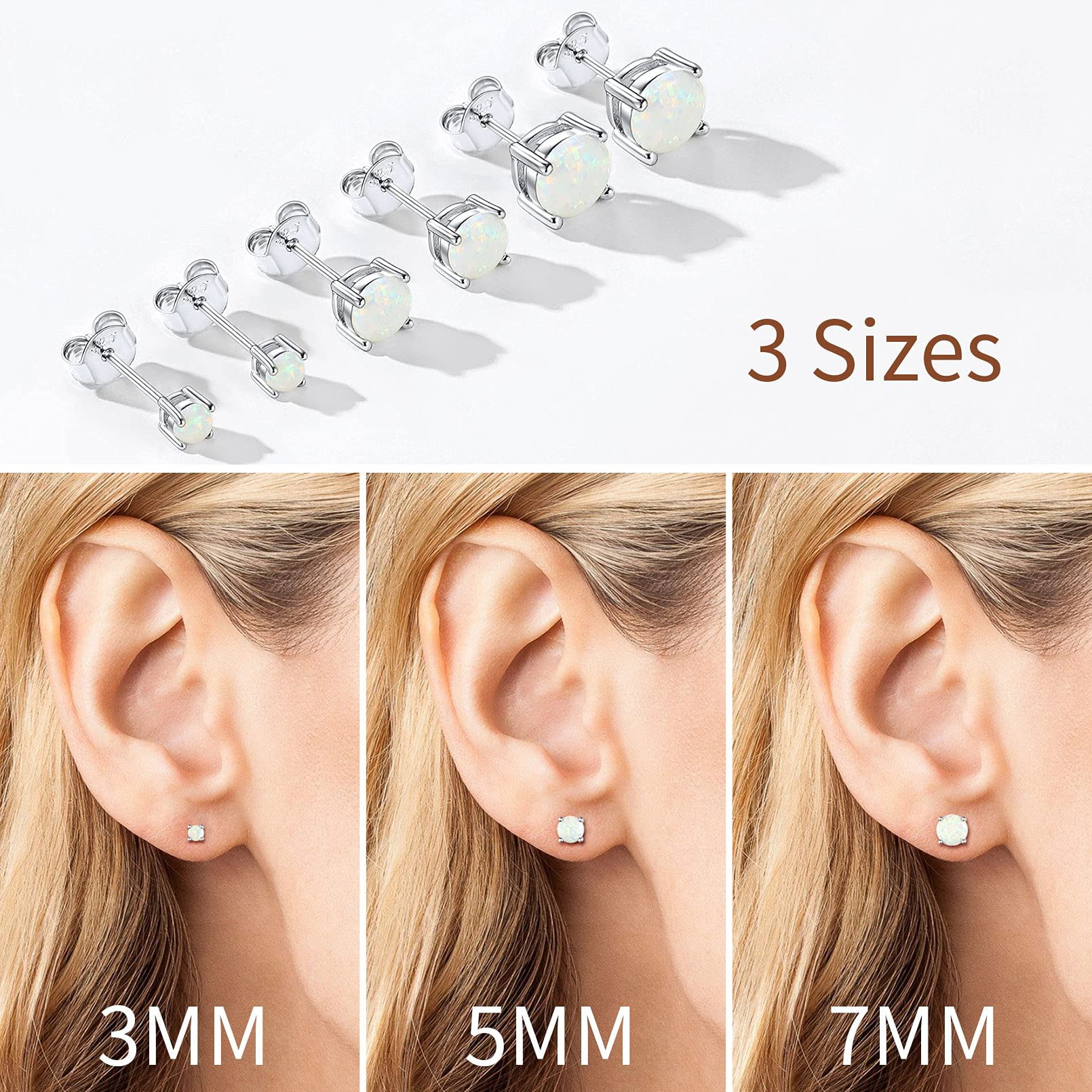 ChicSilver 5mm Created White Opal Stud Earrings Hypoallergenic Sterling Silver Round Cut Earrings for Women October Birthstone Jewelry