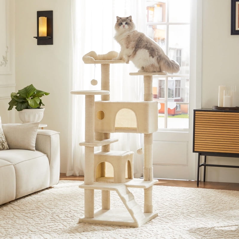 Kelno 54" Cat Tree Tower Durable Cat Climbing Tower with Sisal Scratching Posts Cozy Condo Hammock and Platforms, Beige