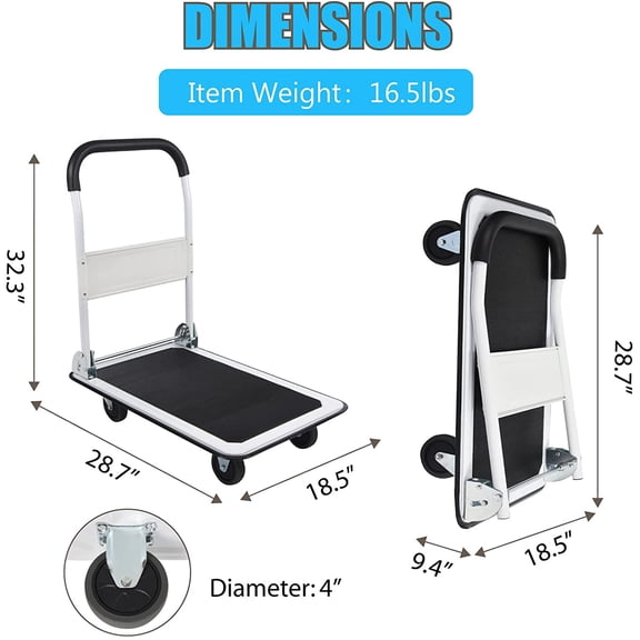 Foldable Push Cart - 330lbs Capacity, 4 Wheels, White Small Flatbed Cart