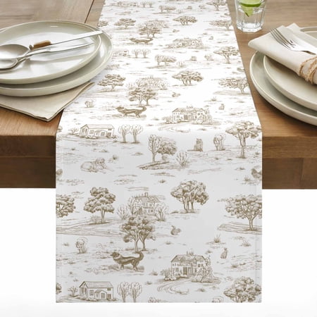 Country Style Table Runner 13x60 inch Vintage Cottages Animals Tree Retro Illustration Cotton Linen Dining Table Runner Ideal for Dresser Kitchen Coffee Tables - Machine Washable