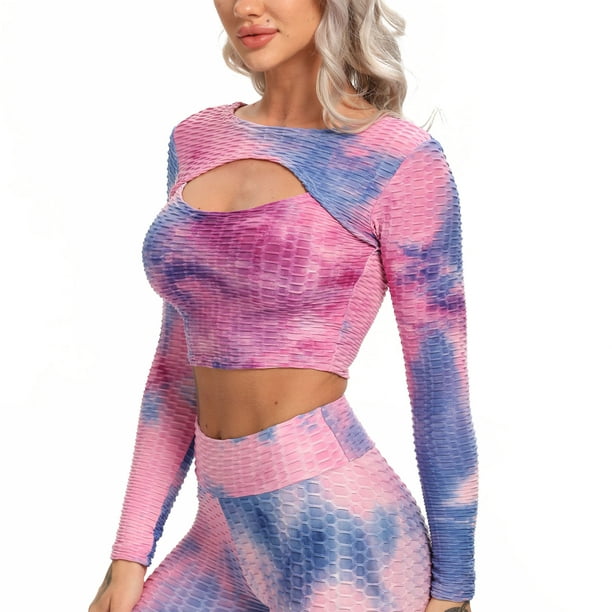 Download Fittoo - FITTOO Women Texture Tie Dye Crop Top Long Sleeve Yoga Top Gym Mock Neck Workout Tops ...