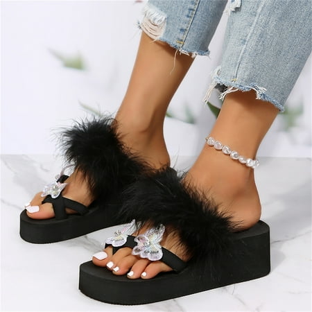 

HIBRO Ladies Fashion Rhinestone Butterfly Plush Cover Toe Platform Wedge Slippers