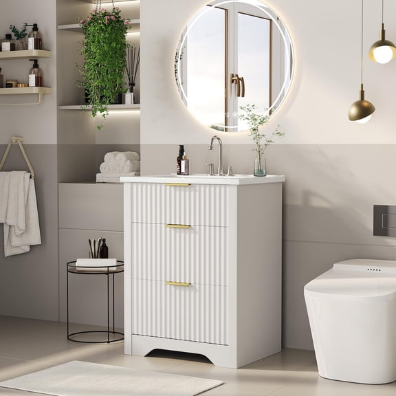 30 Inch Farmhouse Freestanding Bathroom Vanity with Basin, Bathroom Cabinet with 2 Soft-Close Drawers & Turn-Down Storage, Easy Assembly & Cleaning (Natural Oak)