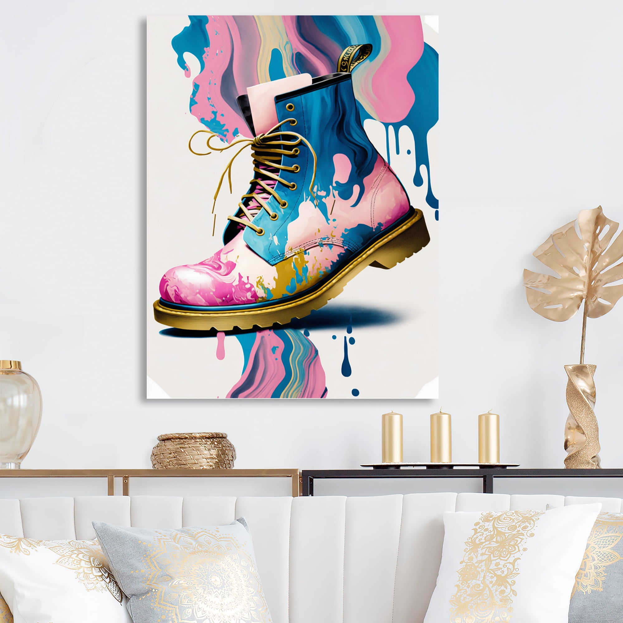 Designart Pink And Blue Art Deco Army Shoes II Canvas Wall Art