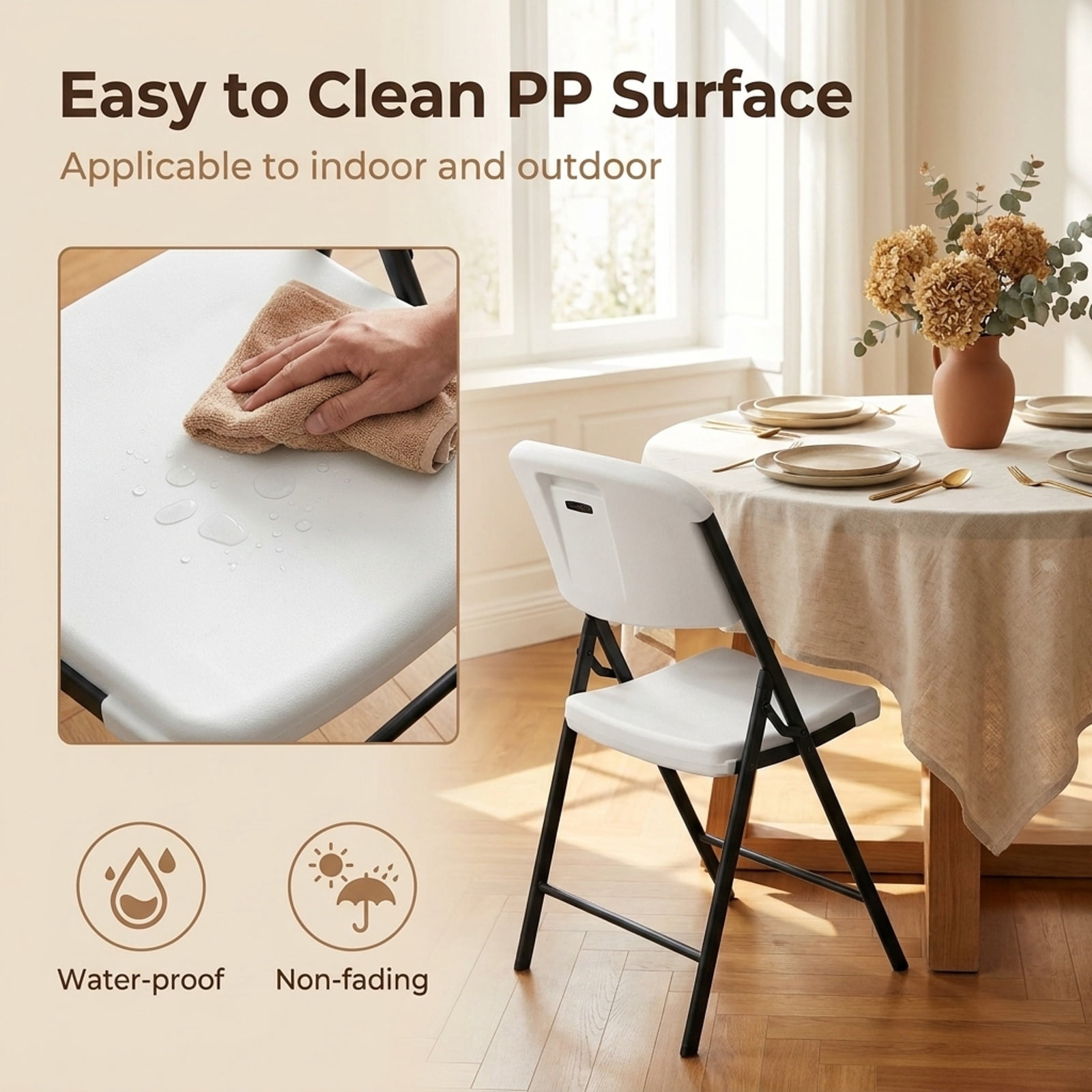 Furnibear Set of 4 Foldable Plastic Chairs with Ergonomic Backrest for Kitchen Dining Room Living Room Home, White