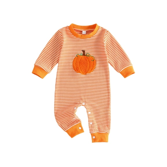 Loicainy Infant Baby Boy Halloween Romper 3 6 12 18 Months Long Sleeve Crew Neck Stripes Embroidery Pumpkin Clothes