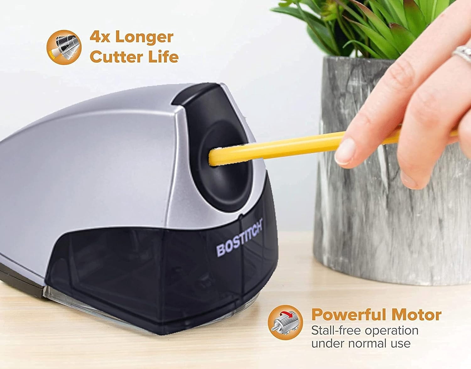 Office Electric Pencil Sharpener for Classroom & Desk Use, Heavy-Duty Stall-Free Motor, High-Capacity Shavings Tray, Silver