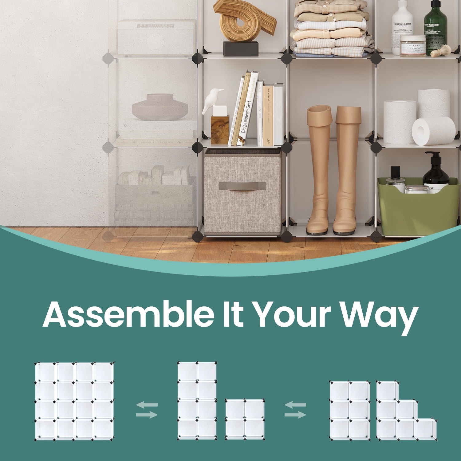 LEDREM 16-Cube Modular Storage Shelf - Heavy Duty Plastic & Metal Bookcase, Closet Organizer with Tool-Free Assembly, White