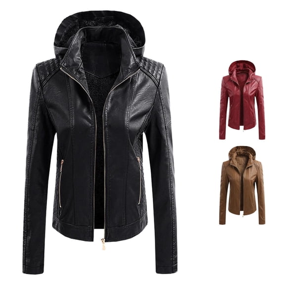 SONXAHE Women's Fleece Lined Leather Jacket Zip Up Hooded Long Sleeve Outer Coat