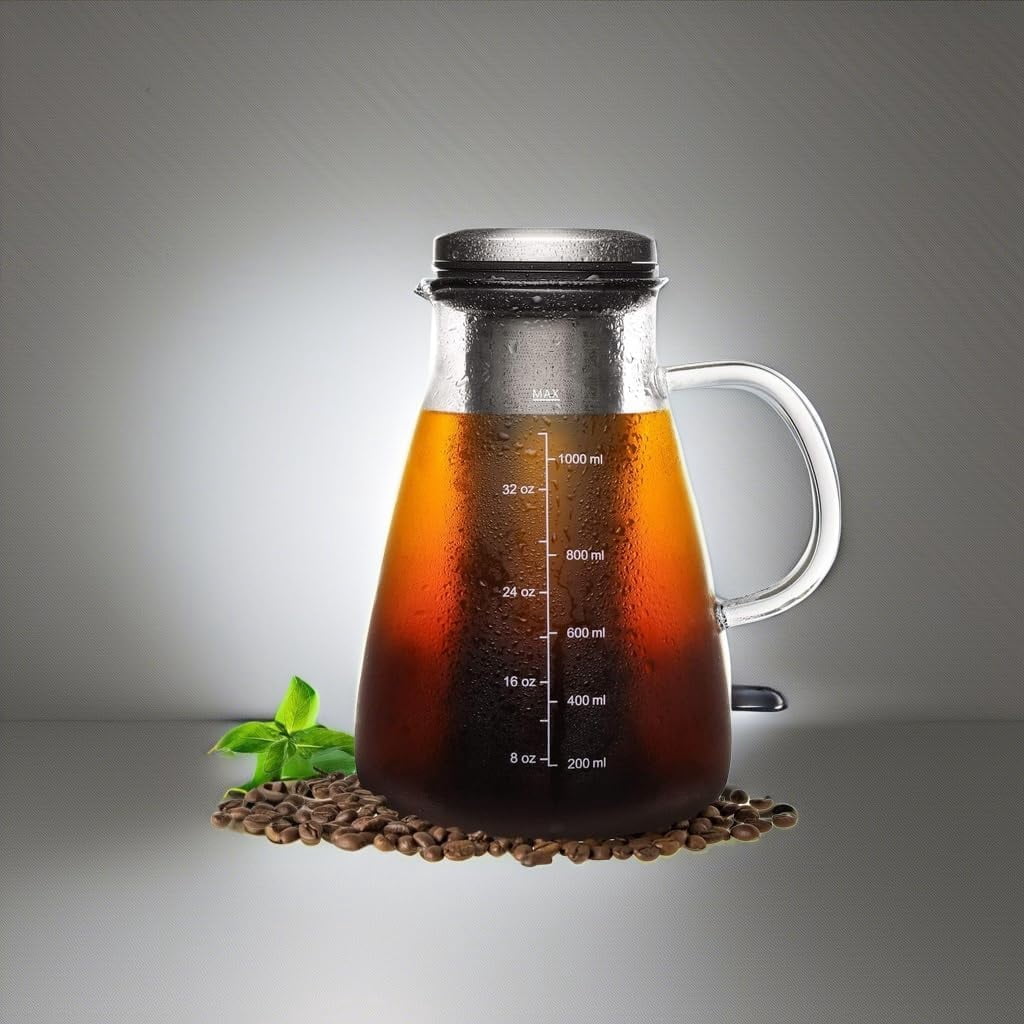 Cold Brew Iced Coffee Maker 51oz, Brewed Coffee Pitcher with Removable Double Mesh 304 Stainless Steel Filter, BPA-Free Glass Container and Tea Maker