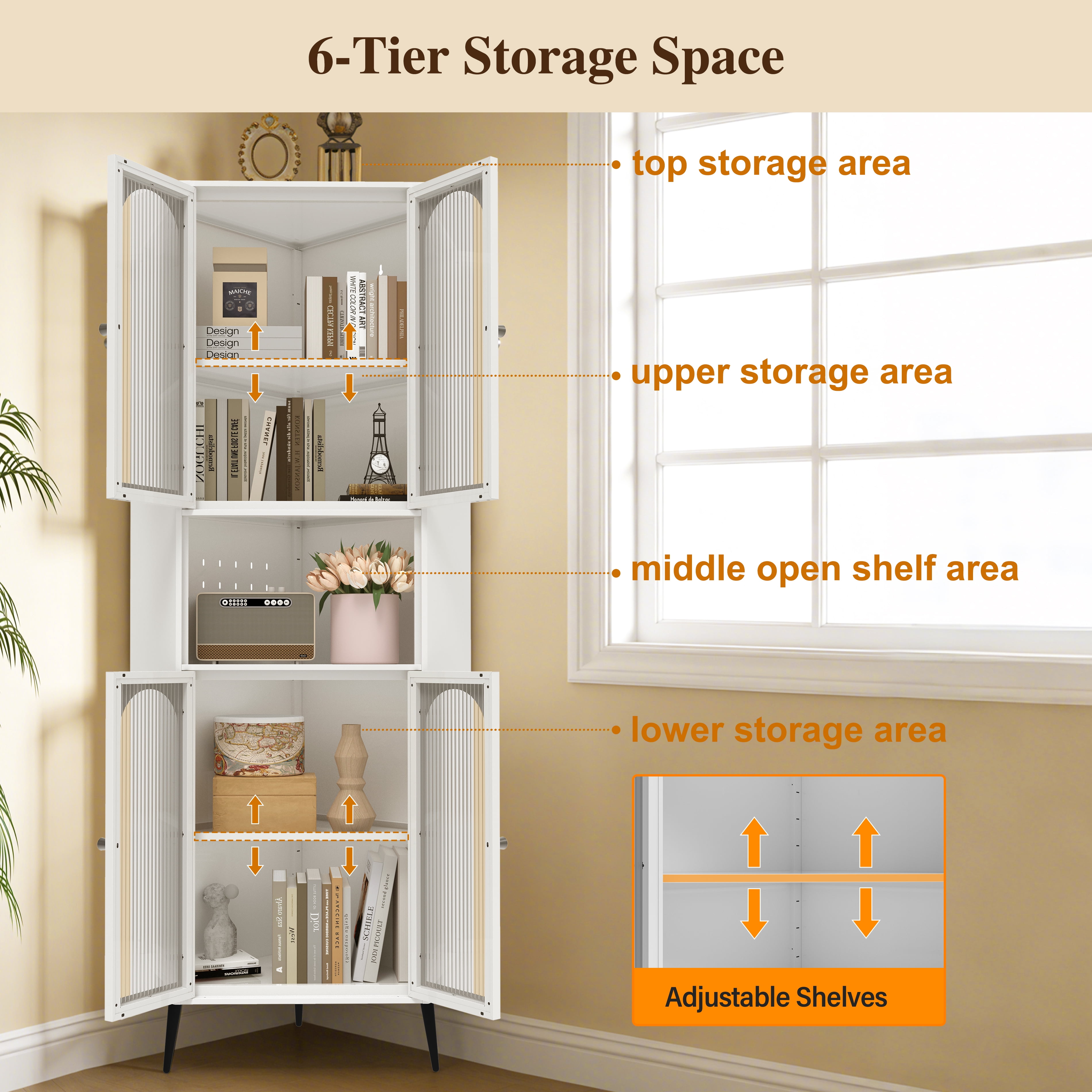 Mintazer 73" Tall Corner Storage Cabinet with 6-Tier Adjustable Shelves & 4 Glass Doors, Metal Corner Organizer for Living Room Bedroom Bathroom, White