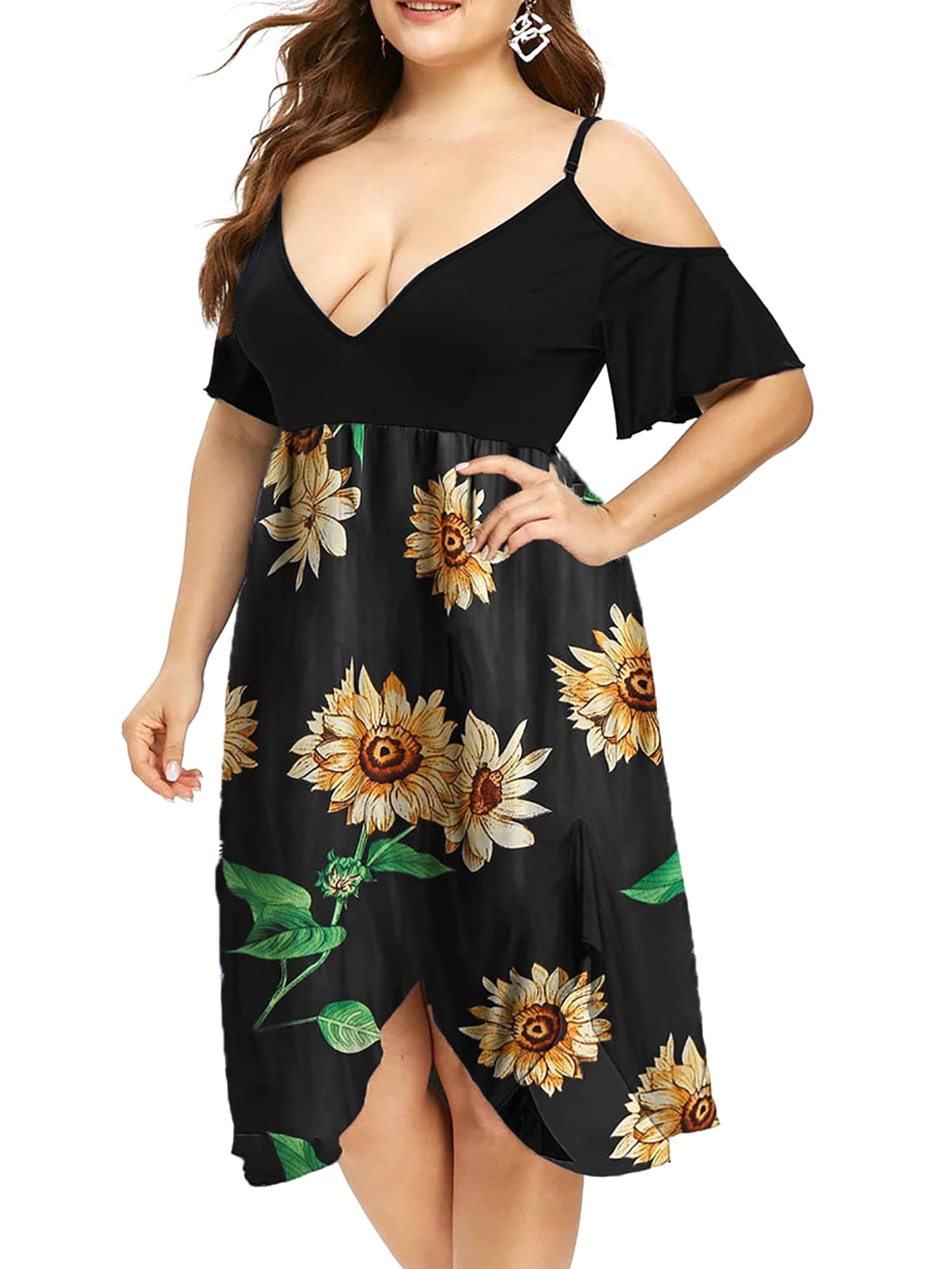 POTO Dress for Women Plus Size Ladies Casual Patchwork Gradient Color Mini Dress V-Neck Ruffled Loose Beach Dress Sundresses 