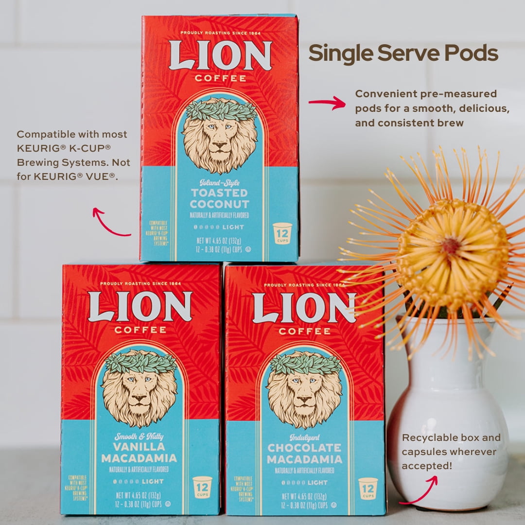 Lion Coffee Single Serve Pods Sampler Collection, 12 pods per Box (3 Boxes)