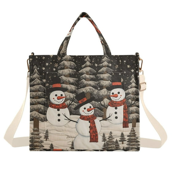 Trees Christmas Snowman Corduroy Tote Bag Handbag Large Messenger Bag Shoulder Crossbody Zipper Bag Purse
