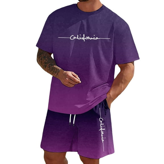 Men's Gradient Letter Print T-Shirt & Shorts Set, Casual Summer Two-Piece Outfit,Dark Purple,XXXL