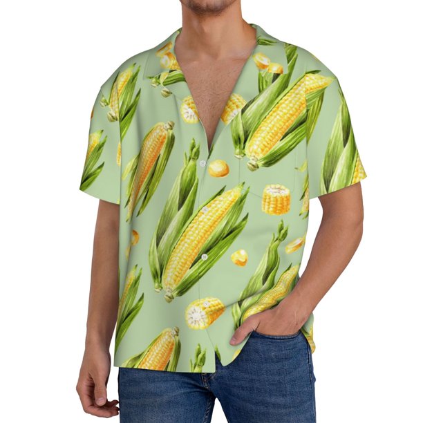 Fotbe Fresh Sweet Corn Camisa Estampada de Manga Corta para Hombre, Casual de Verano, Estilo Playero, Sin Arrugas-Small