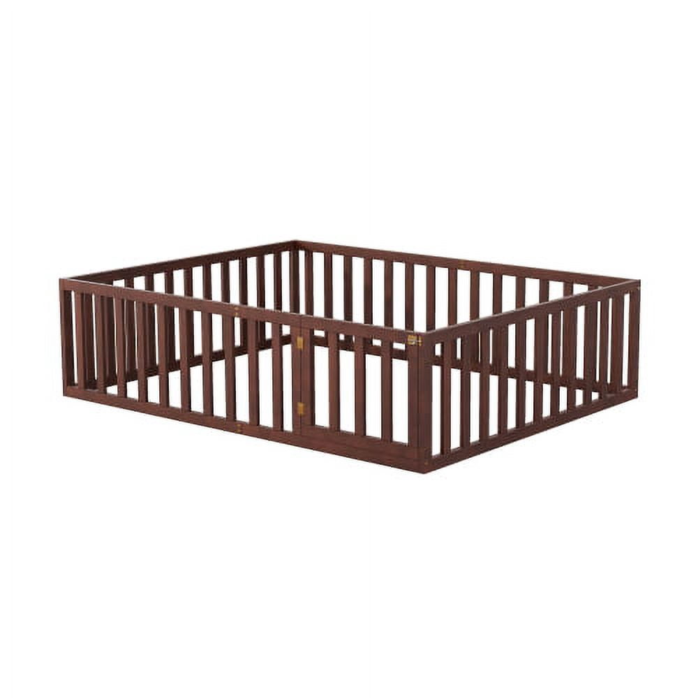 Queen Size Floor Bed for Kids, Wood Queen Montessori Bed Frame with Fence Guardrails and & Support Slats, Queen Playhouse Bed with Door Design, Kids Fence Bed Playpen Bed for Boys ,Girls, Walnut