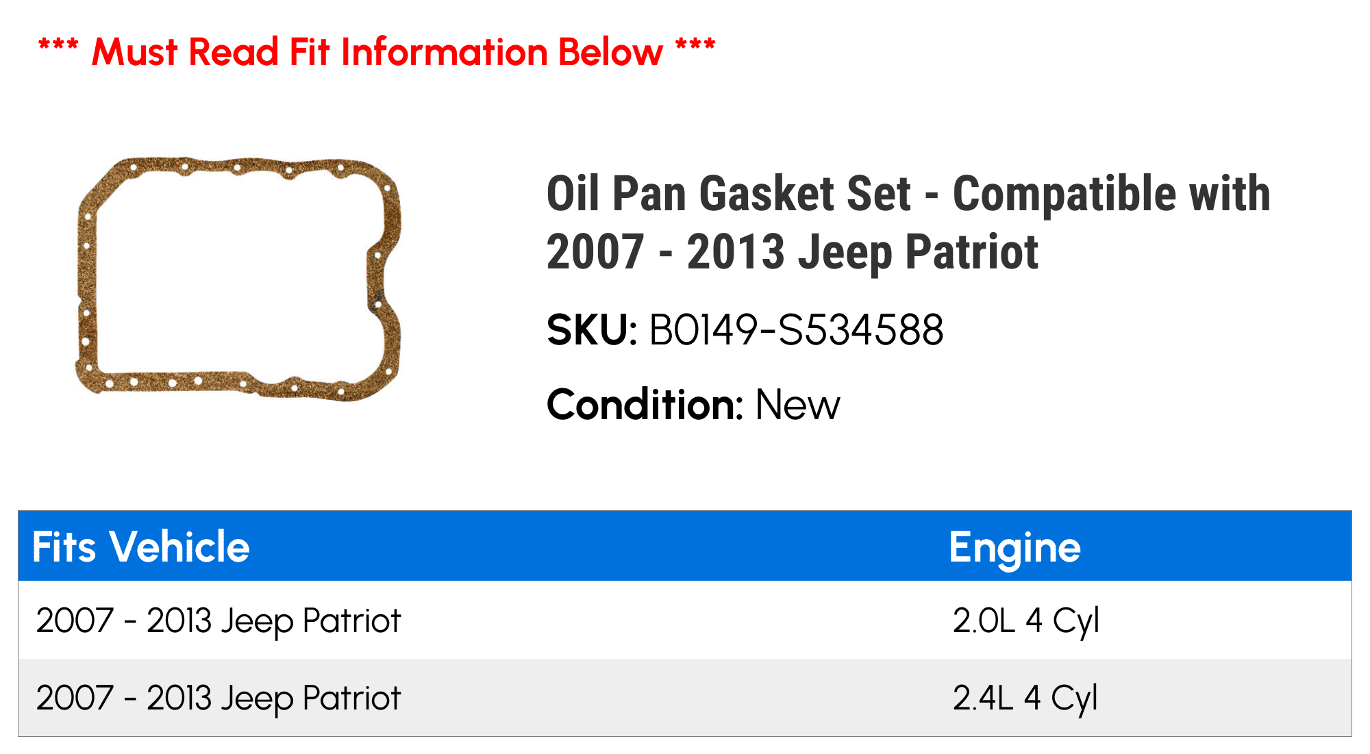 Oil Pan Gasket Set - Compatible with 2007 - 2013 Jeep Patriot 2008 2009 2010 2011 2012