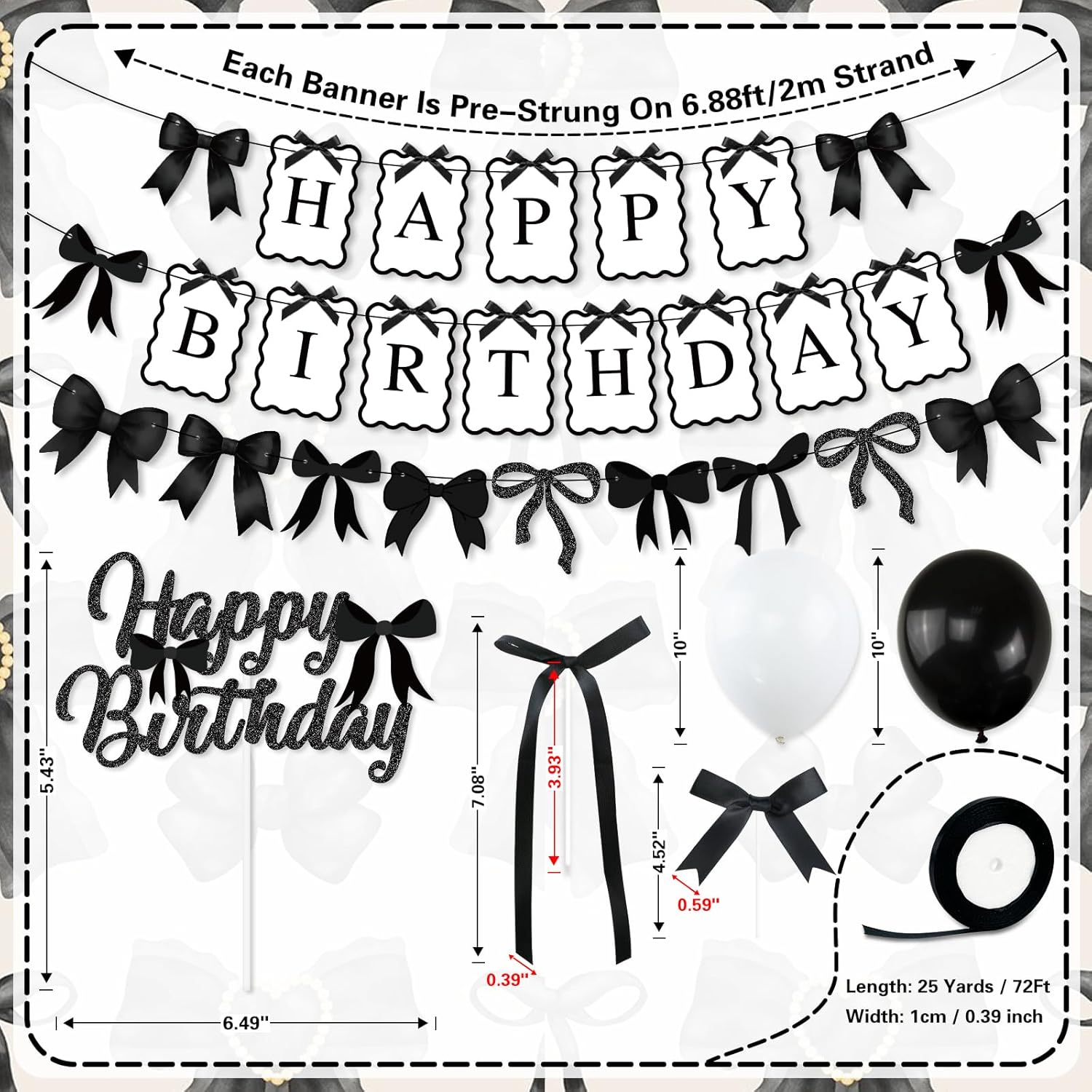 Black Bow Birthday Party Decorations, Bows Happy Birthday Banner Garland, Ribbon Bow Cake & Cupcake Toppers, Black White Balloons and Satin Ribbon for Women Girls Bows Party Decor