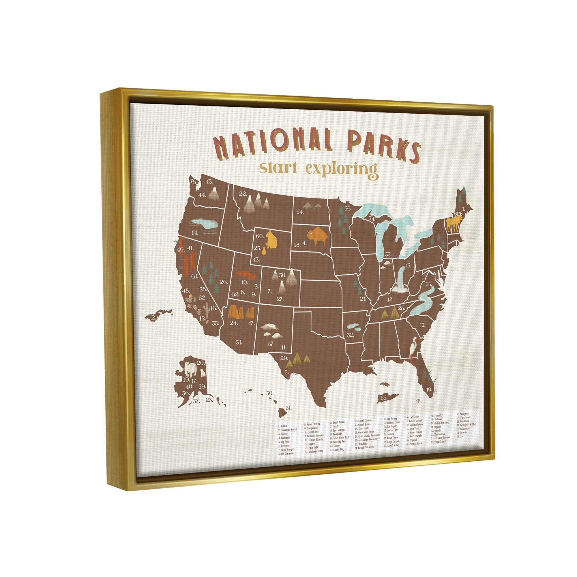 Stupell Industries Start Exploring National Parks Map United States Metallic Gold Framed Floating Canvas Wall Art, 24x30, by Daphne Polselli