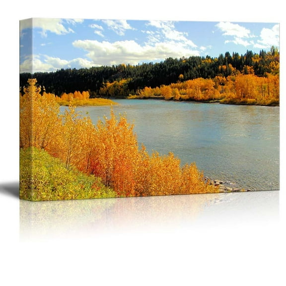 Beautiful Autumn Scenery Colorful Fall Foliage Along a River Wood Framed - Canvas Art Wall Decor - 24" x 36"