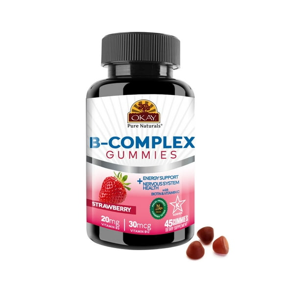 Okay Pure Naturals Vitamin B Complex Gummies with Biotin and Vitamin C, Strawberry Flavor, 45 Count