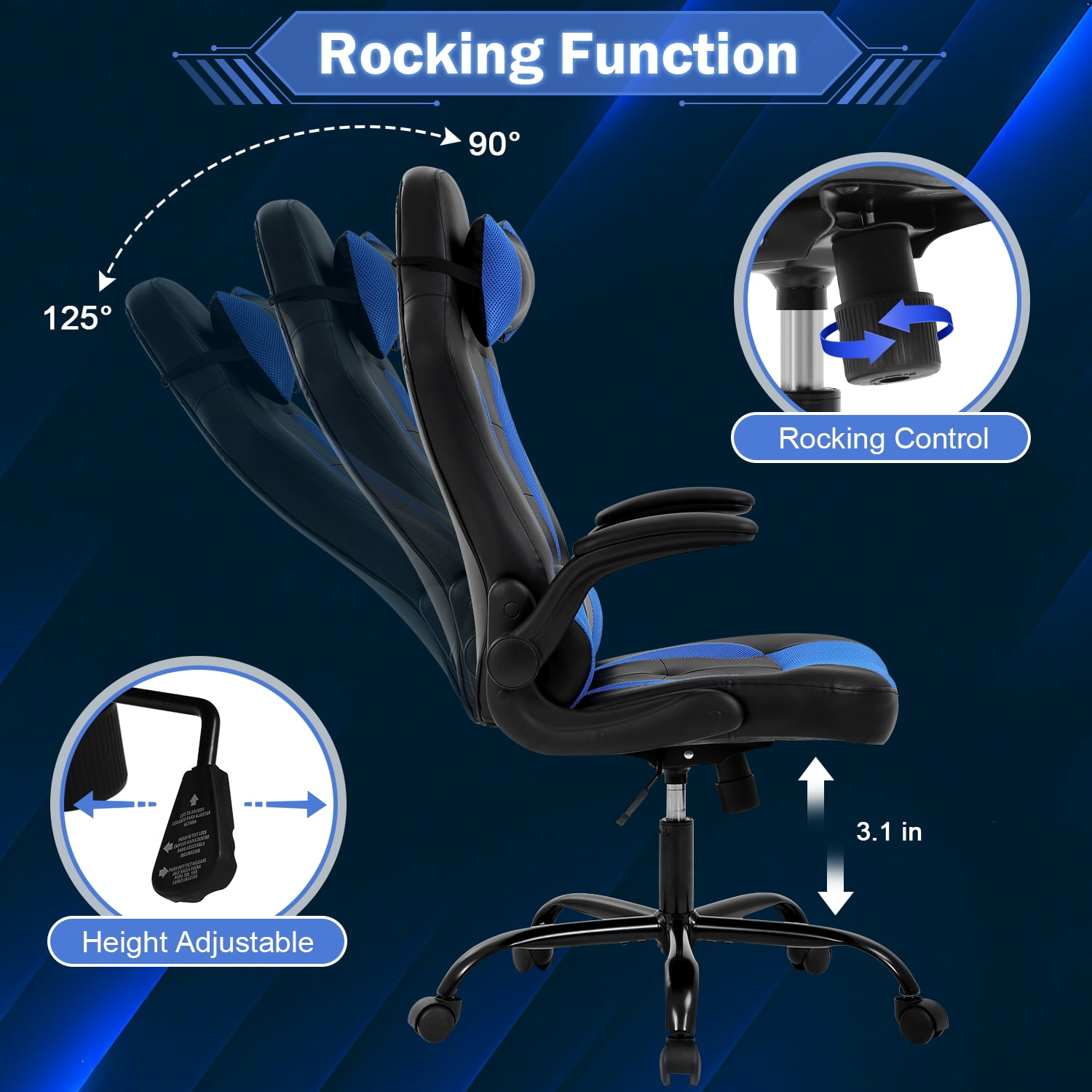 Video Game Chair High Back Gaming Chair PU Leather Racing Chair with Headrest Lumbar Support & Flip-up Arms , Adjustable Gamer Chair for Adults & Kids, Blue