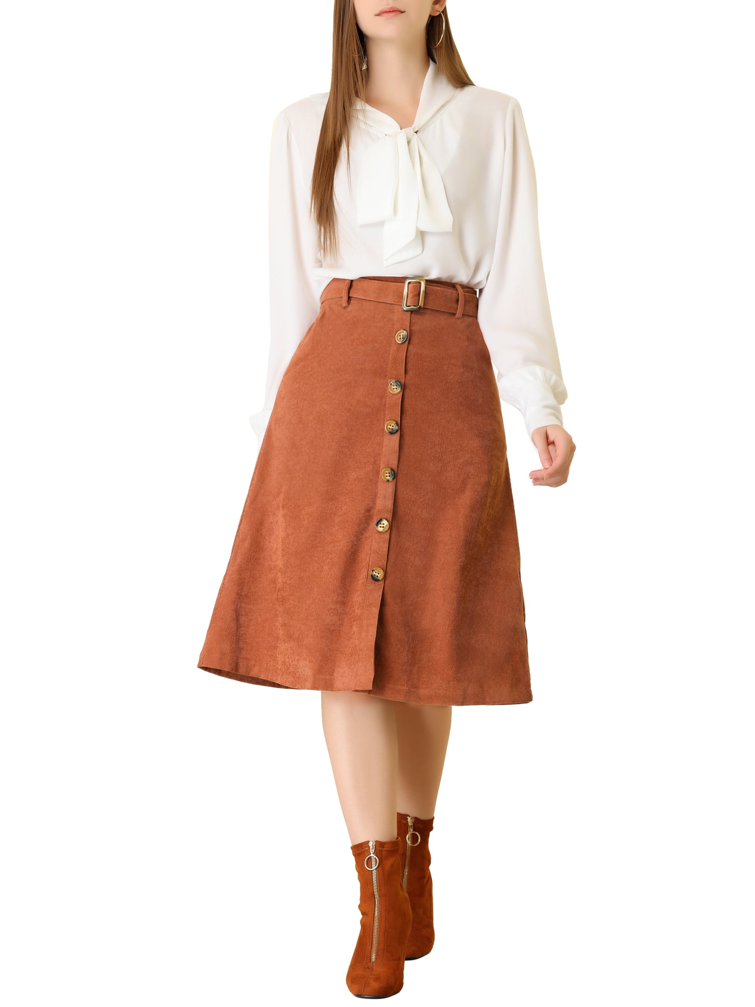 DARING DIVA Women's A-Line Button Front Belted Midi Skirts S Caramel