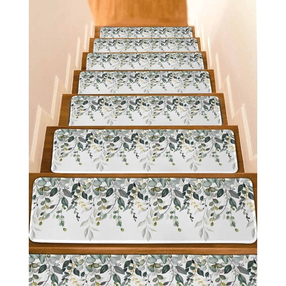 Gray Green Eucalyptus Leaves Stair Treads Non Slip Indoor for Wooden Steps, Farmhouse Botanical Watercolor 7 Pcs Stair Mats for Elders Dogs, 8 x 30 Inch Carpet Treads Runner Rugs for Staircase