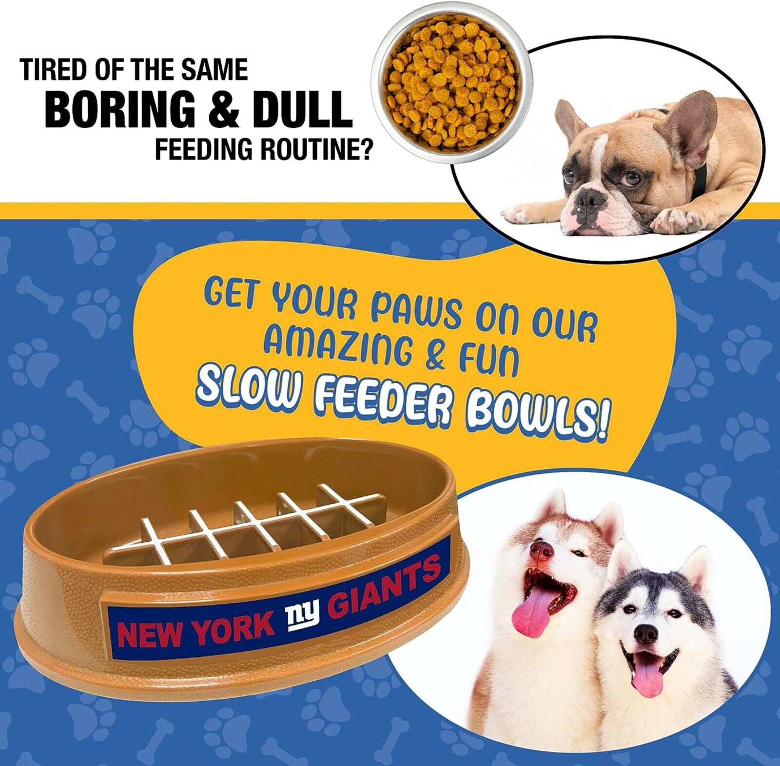 Pets First NFL New York Giants Super-Bowl Slow Feeder Bowl for Dogs and Cats, Football Design for Healthy Digestion, Non-Slip, for Large & Small Pet