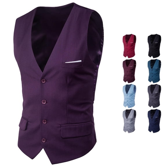 Gyujnb Men Slim Fit Suit Vest V‑Neck Single Breasted Waistcoat with Fake Pockets for Business Wedding Formal Wear,Purple