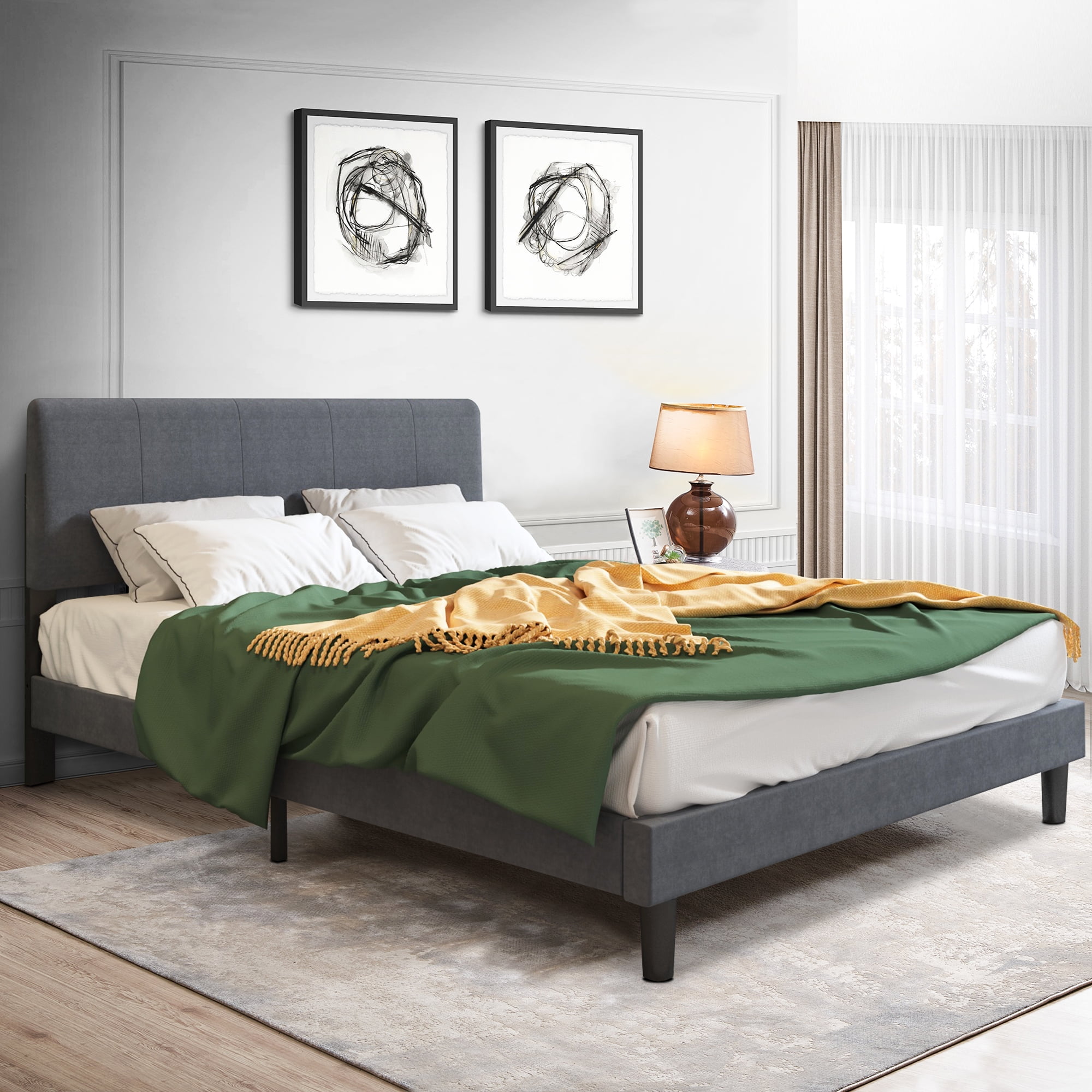 uhomepro Fabric Upholstered Platform Queen Bed Frame with Adjustable