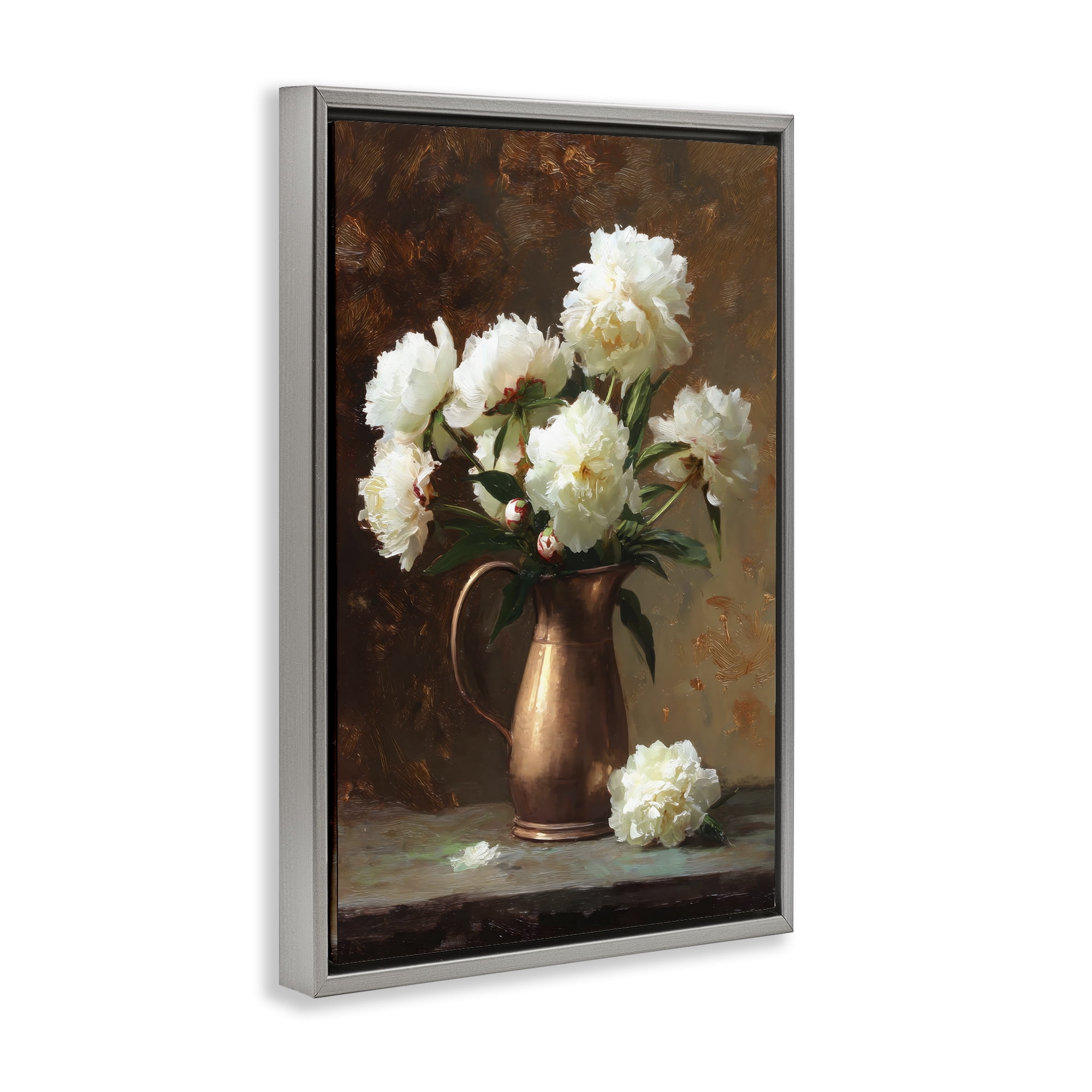Stupell Industries Bronze Vase Peonies Gray Framed Floater Canvas Wall Art, design by Petal Prints Design