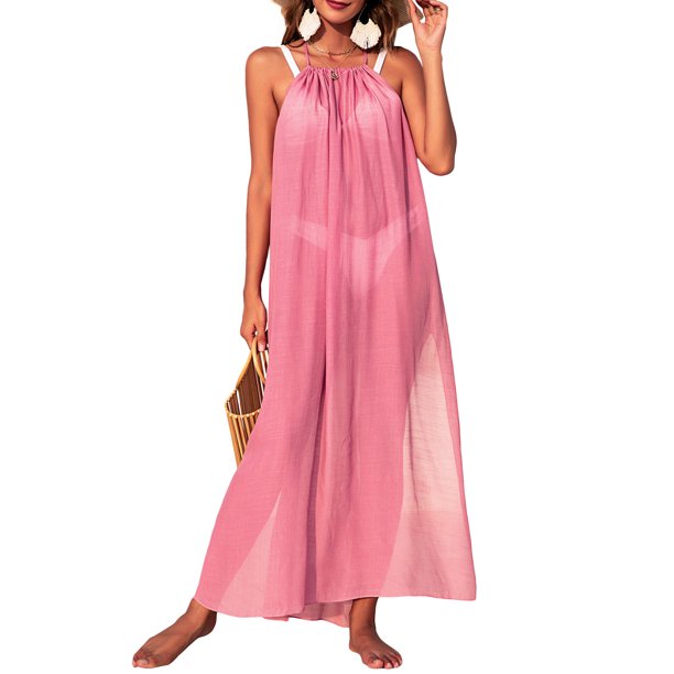 Lucakuins Mujeres Bikini Cover-ups Verano Color sólido Suelto Sin espalda Slit Halterneck Traje de baño para la playa Traje de baño Lucakuins moda