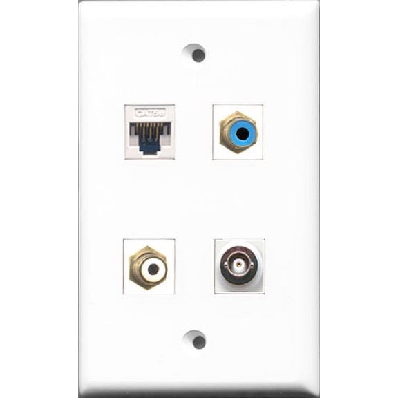 RiteAV 1 Port RCA White and 1 Port RCA Blue and 1 Port BNC and 1 Port Cat5e Ethernet White Wall Plate