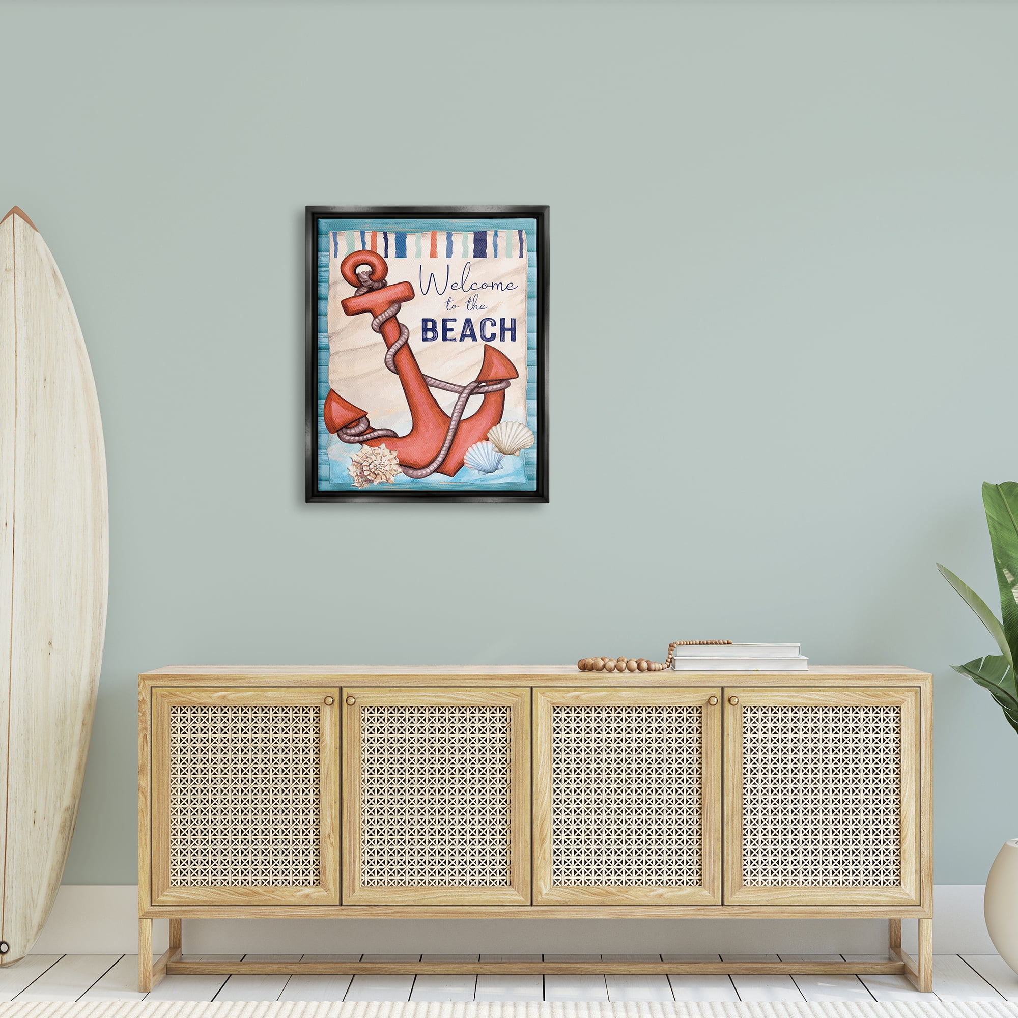 Stupell Welcome To Beach Nautical Anchor Stripes Landscape Painting Black Floater Framed Art Print Wall Art