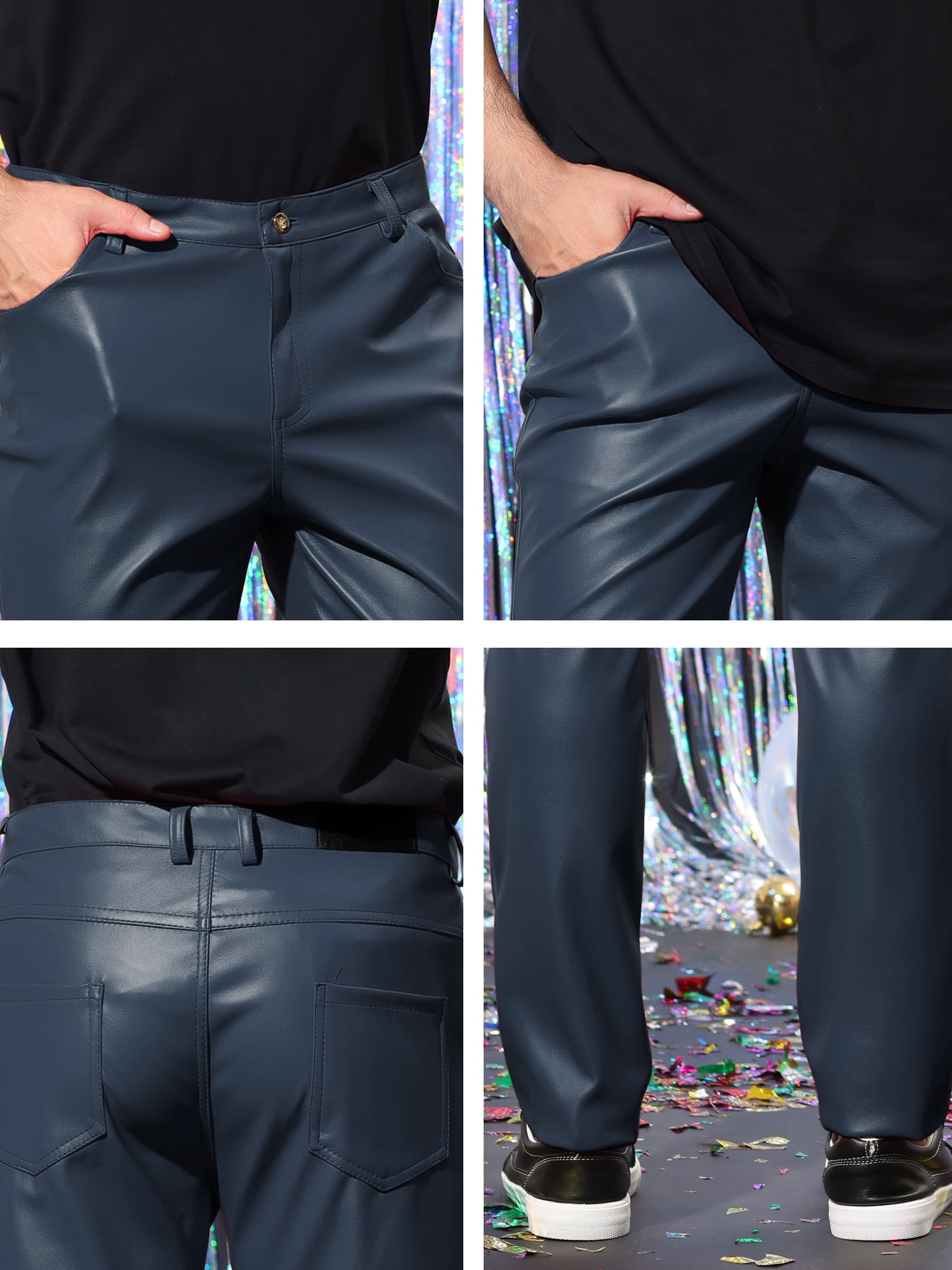 INSPIRE CHIC Men's Pants Faux Leather Slim Fit Zip-Fly Solid Pants 36 Navy Blue