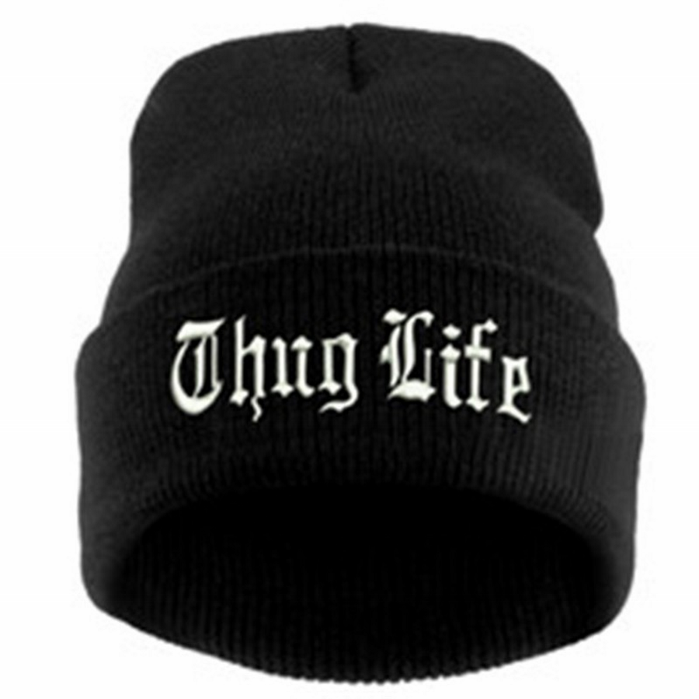 Thug Life Knit Black Beanie Hat Cap Embroidered Cuffed