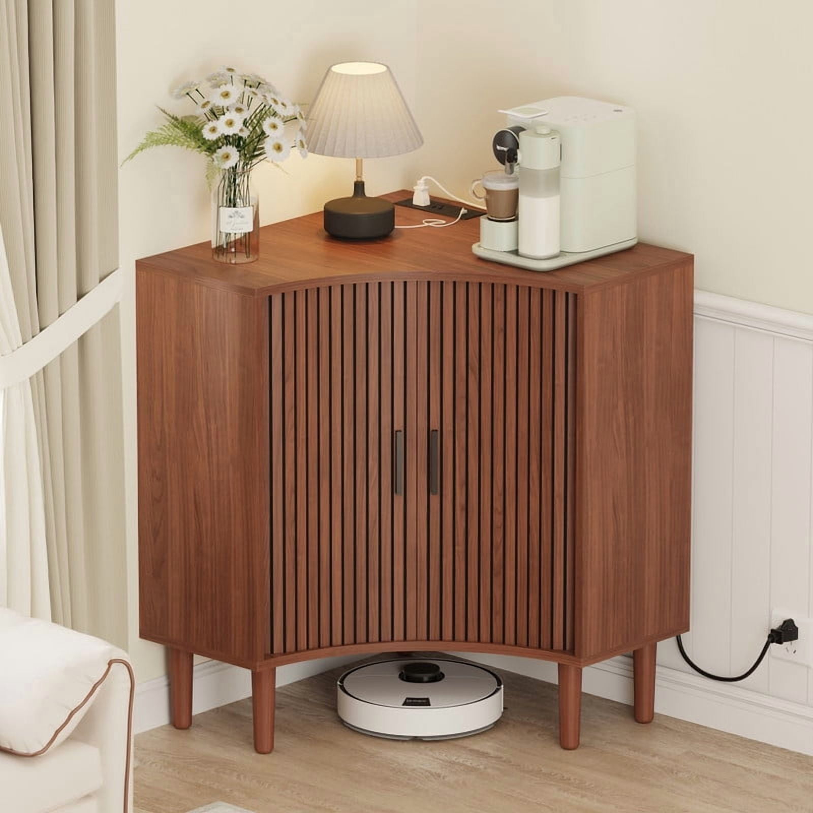 Fluted Corner Cabinet with Charging Station, Small Corner Floor Cabinet with Sliding Doors, Modern Wooden Freestanding Narrow Storage Organizer for Living Room, Small Space,Dining Room, Bathroom
