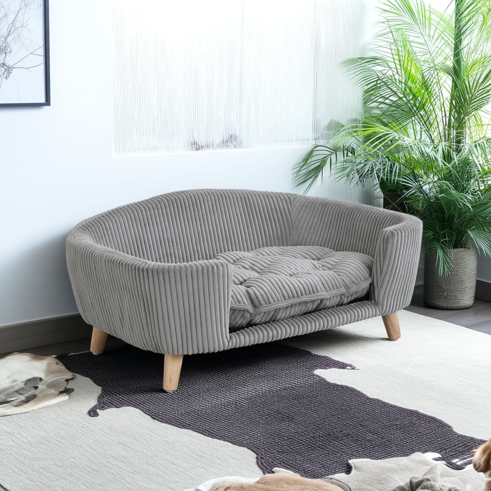 Pefilos Large Dog Couch Furniture, 30" Wide Pet Sofa for Medium Dogs with Removable Mattress, Luxury Raised Pet Couch Lounging Dog Bed with Anti-Slip Bottom, Light Gray